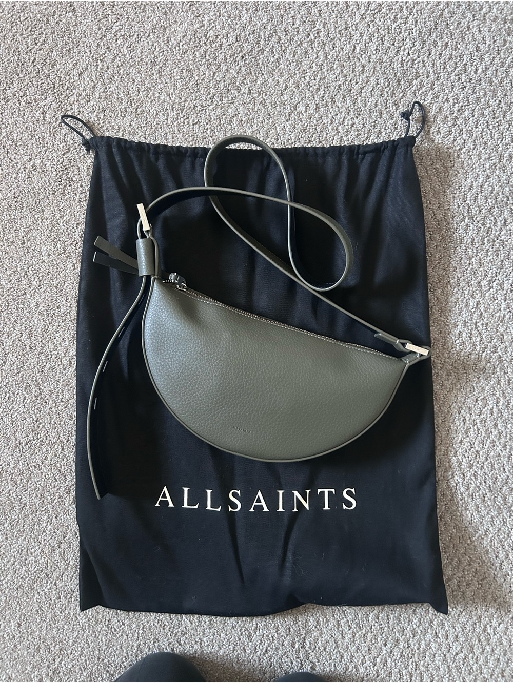 All Saints Tarmac Green Half-Moon Leather Crossbody Bag